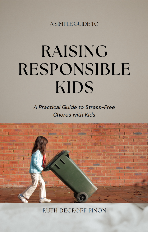 Cover of Raising Responsible Kids Guide with an image of a child pushing a garbage bin on wheels.